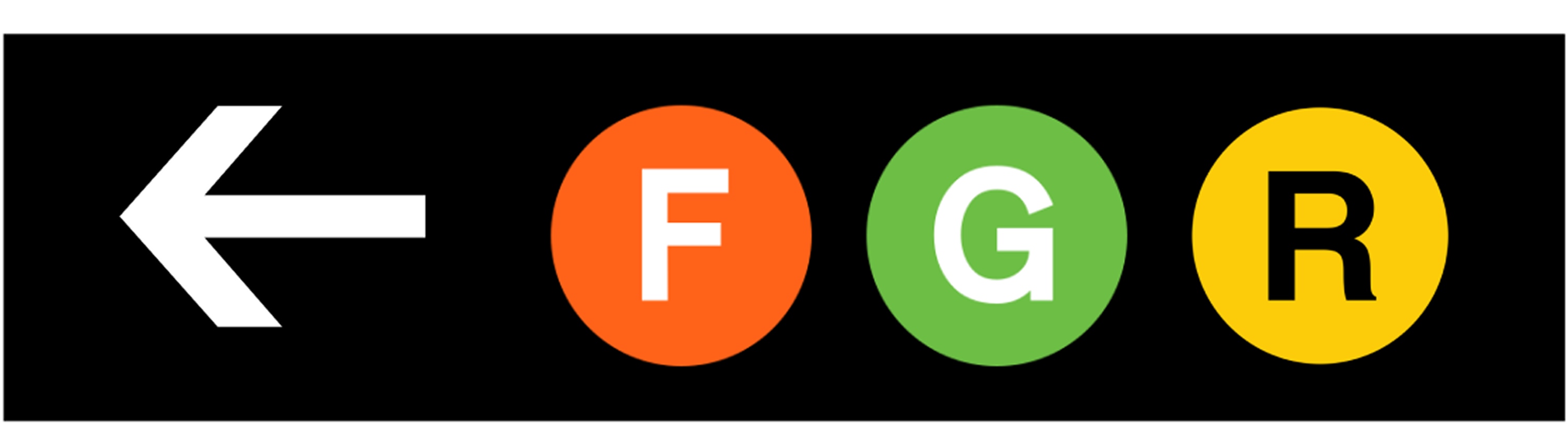 Nearby Train Sign showing the F, G and R train lines